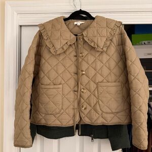 Mable Quilted Tan Jacket with Ruffle Collar